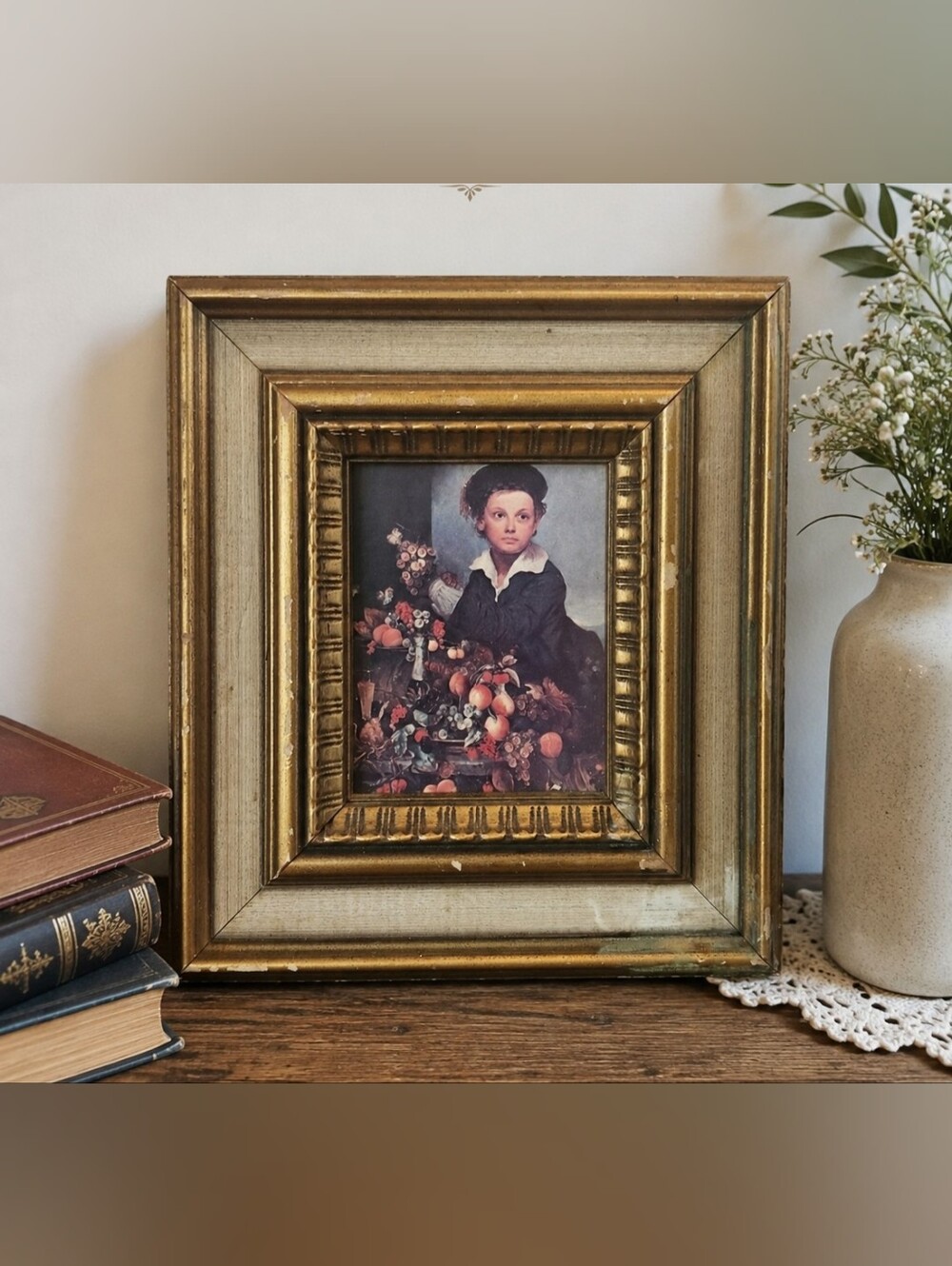 Vintage Framed Boy with Fruit Still Life Print Ornate Gold Wood Frame Wall Art